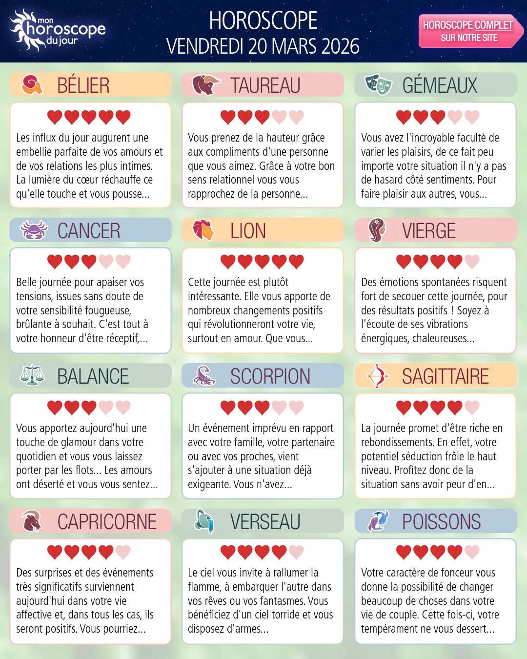 Horoscope du vendredi 20 mars 2026