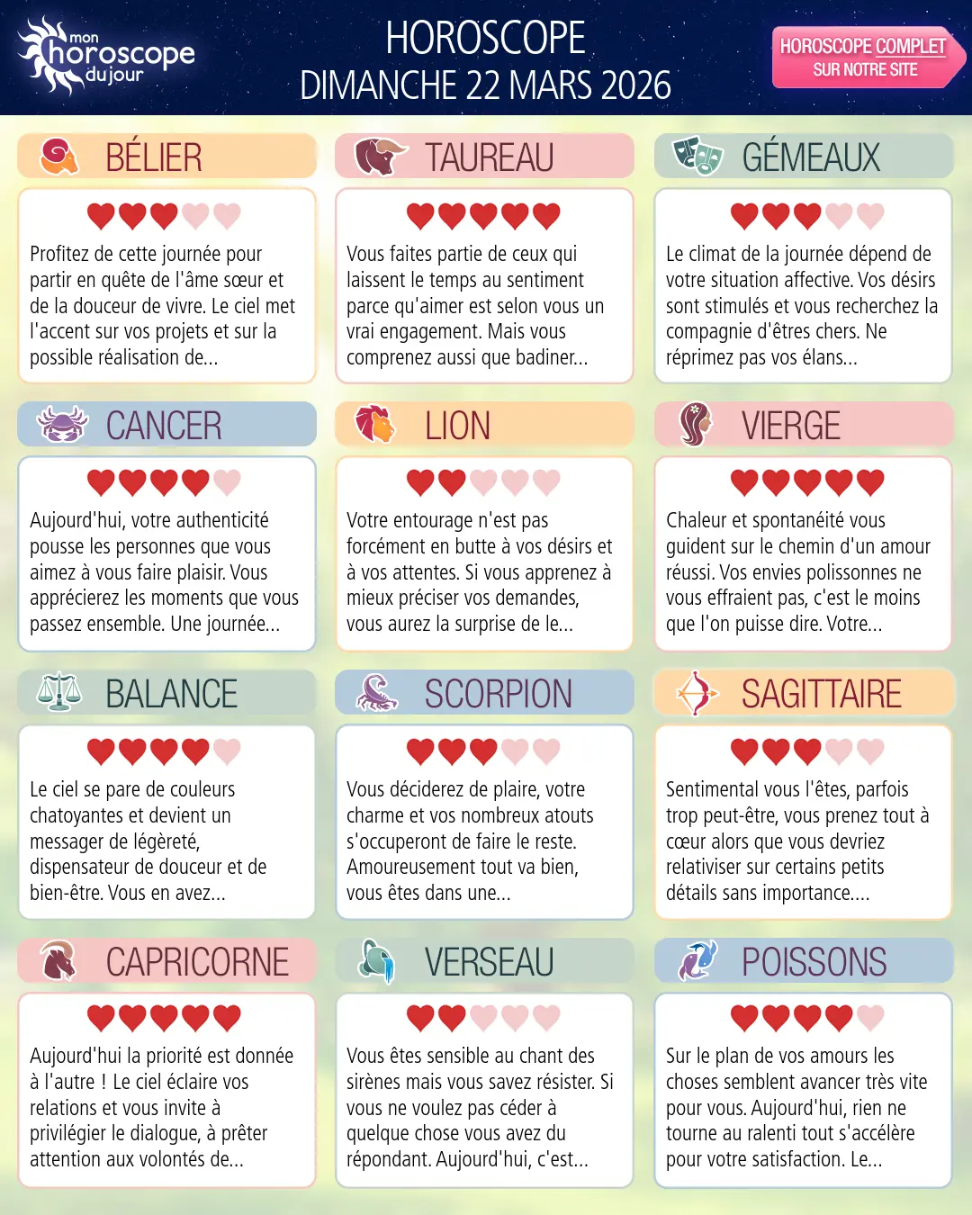 Horoscope du dimanche 22 mars 2026