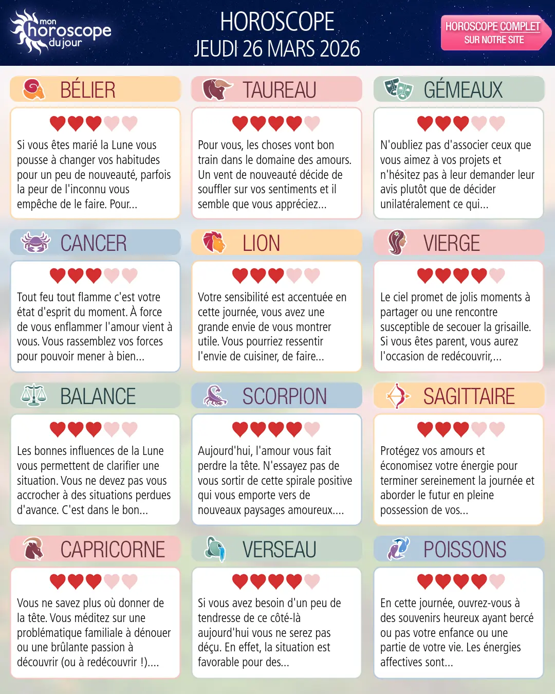 Horoscope du jeudi 26 mars 2026