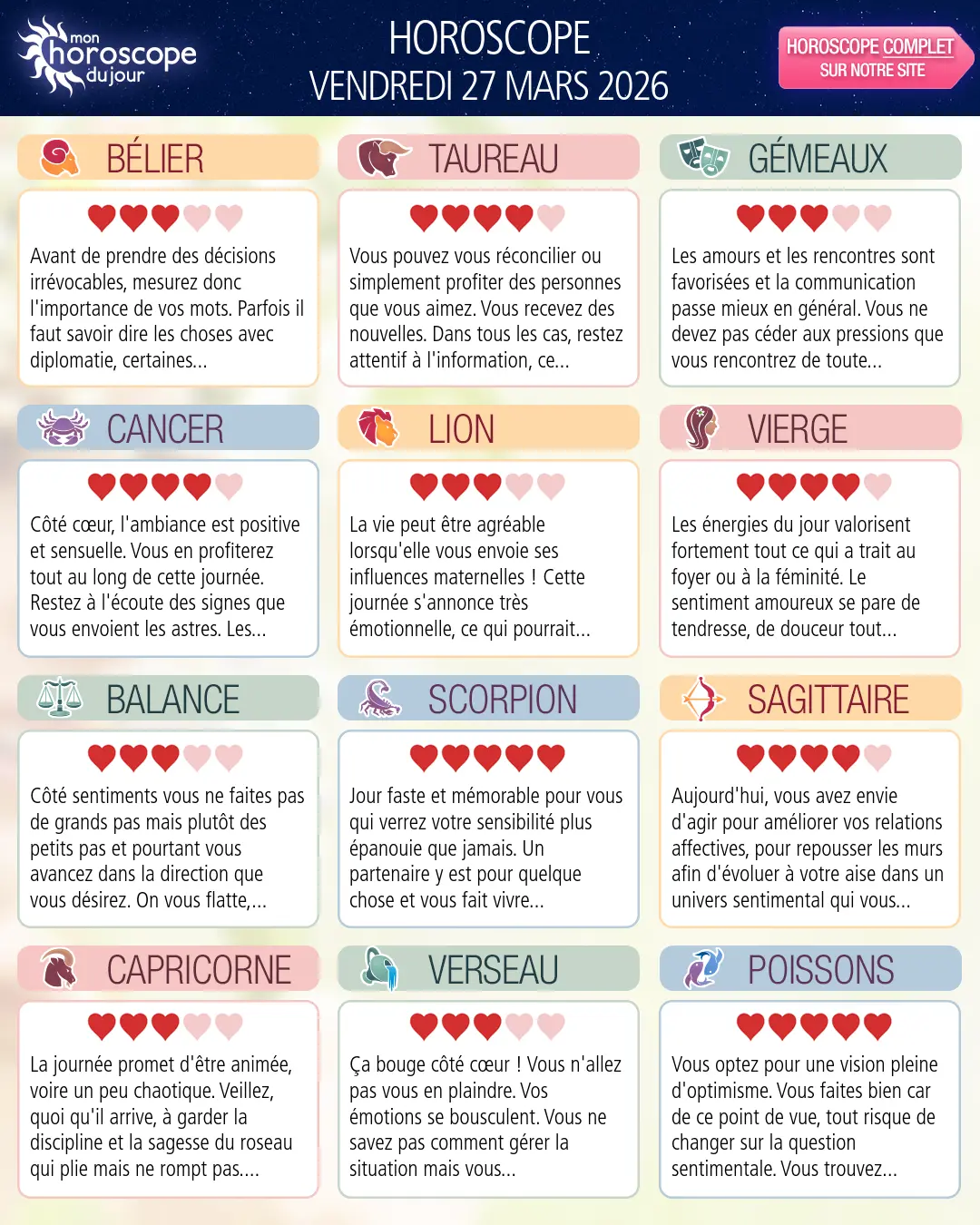 Horoscope du vendredi 27 mars 2026