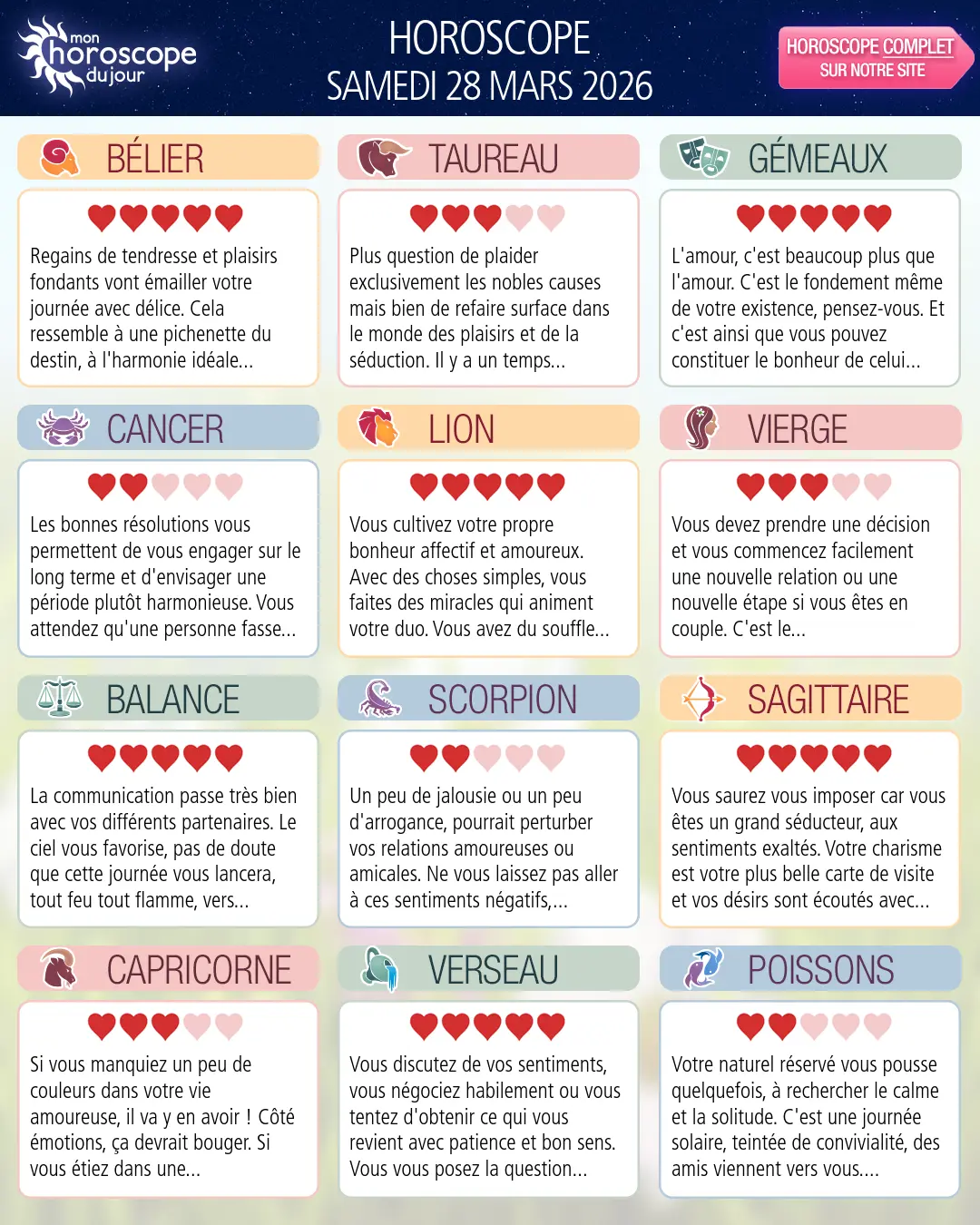 Horoscope du samedi 28 mars 2026