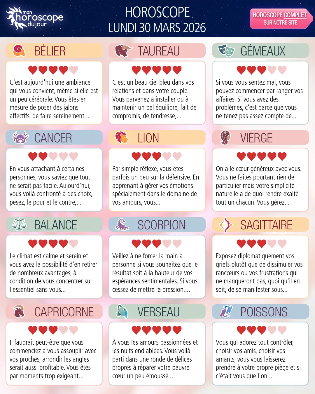 Horoscope du lundi 30 mars 2026