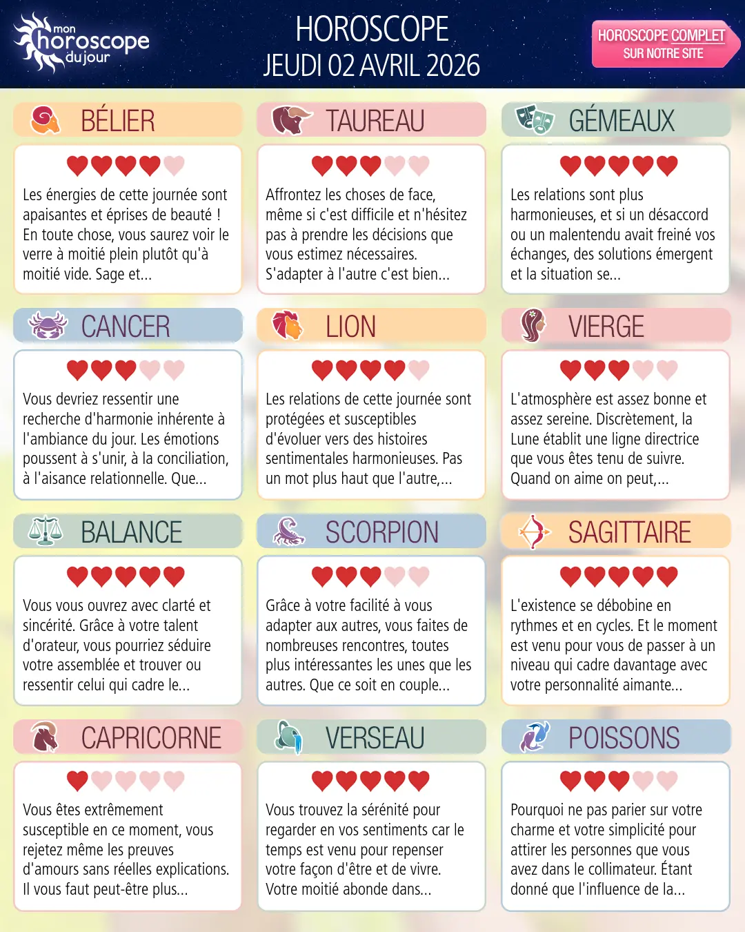 Horoscope du jeudi 2 avril 2026