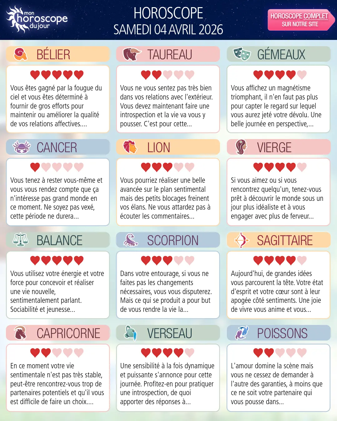 Horoscope du samedi 4 avril 2026