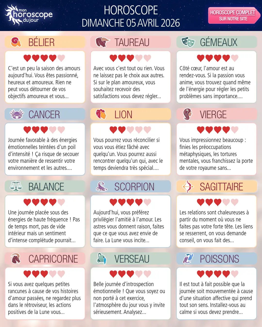 Horoscope du dimanche 5 avril 2026