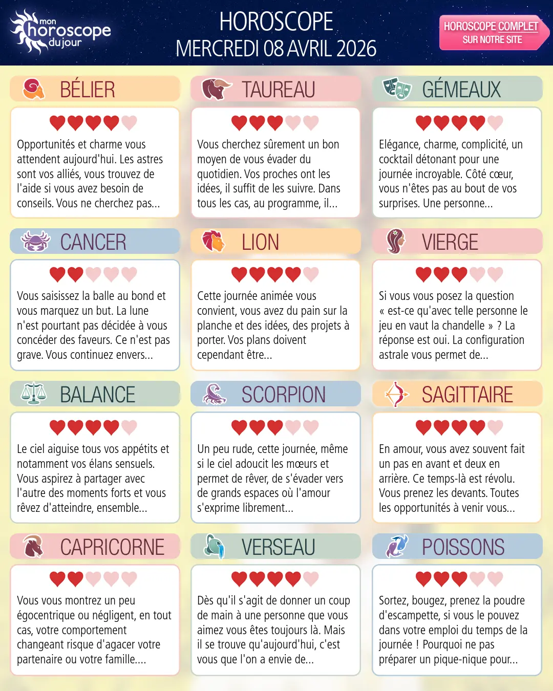 Horoscope du mercredi 8 avril 2026