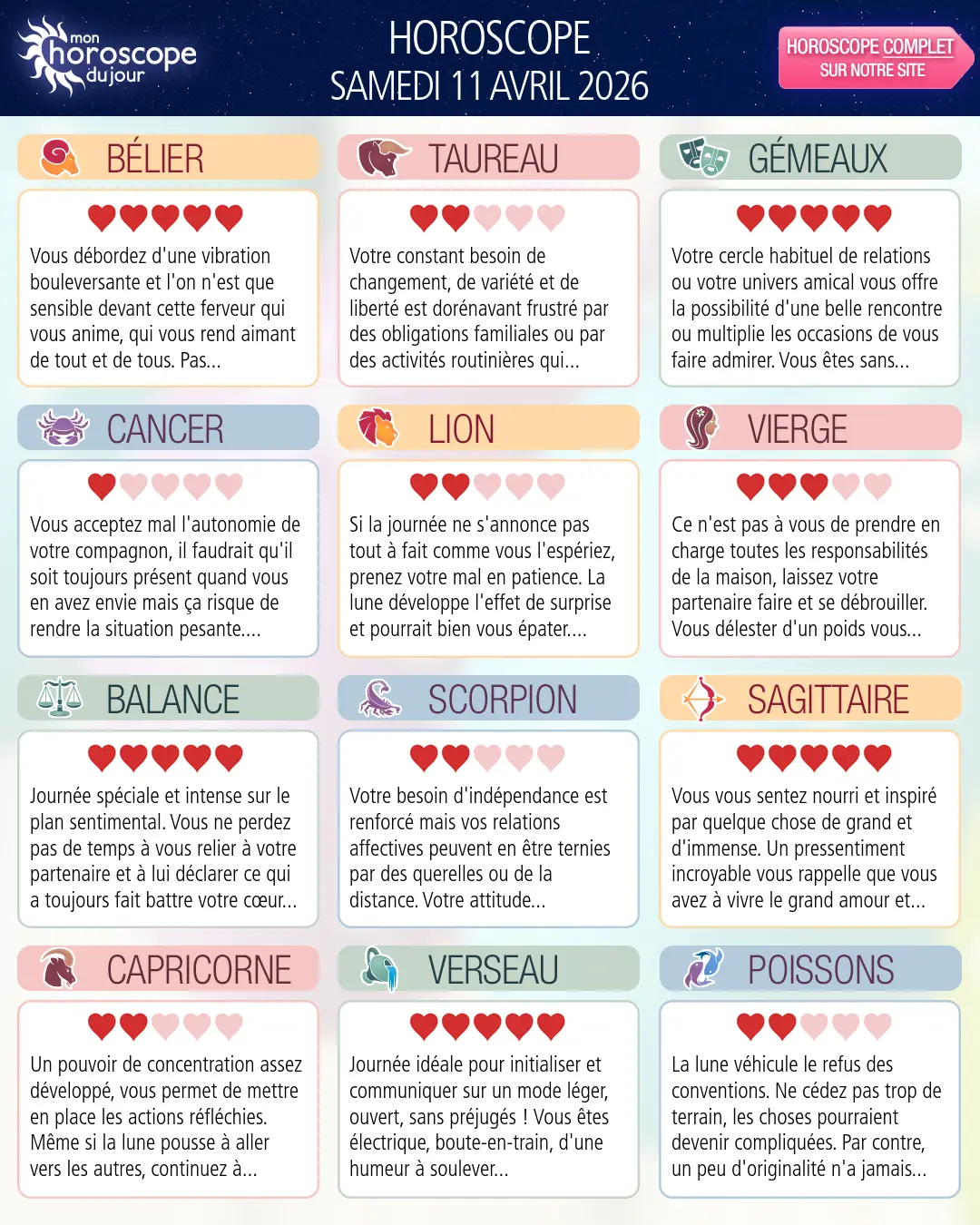 Horoscope du samedi 11 avril 2026