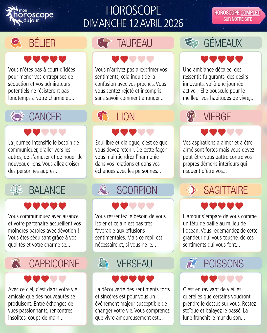 Horoscope du dimanche 12 avril 2026