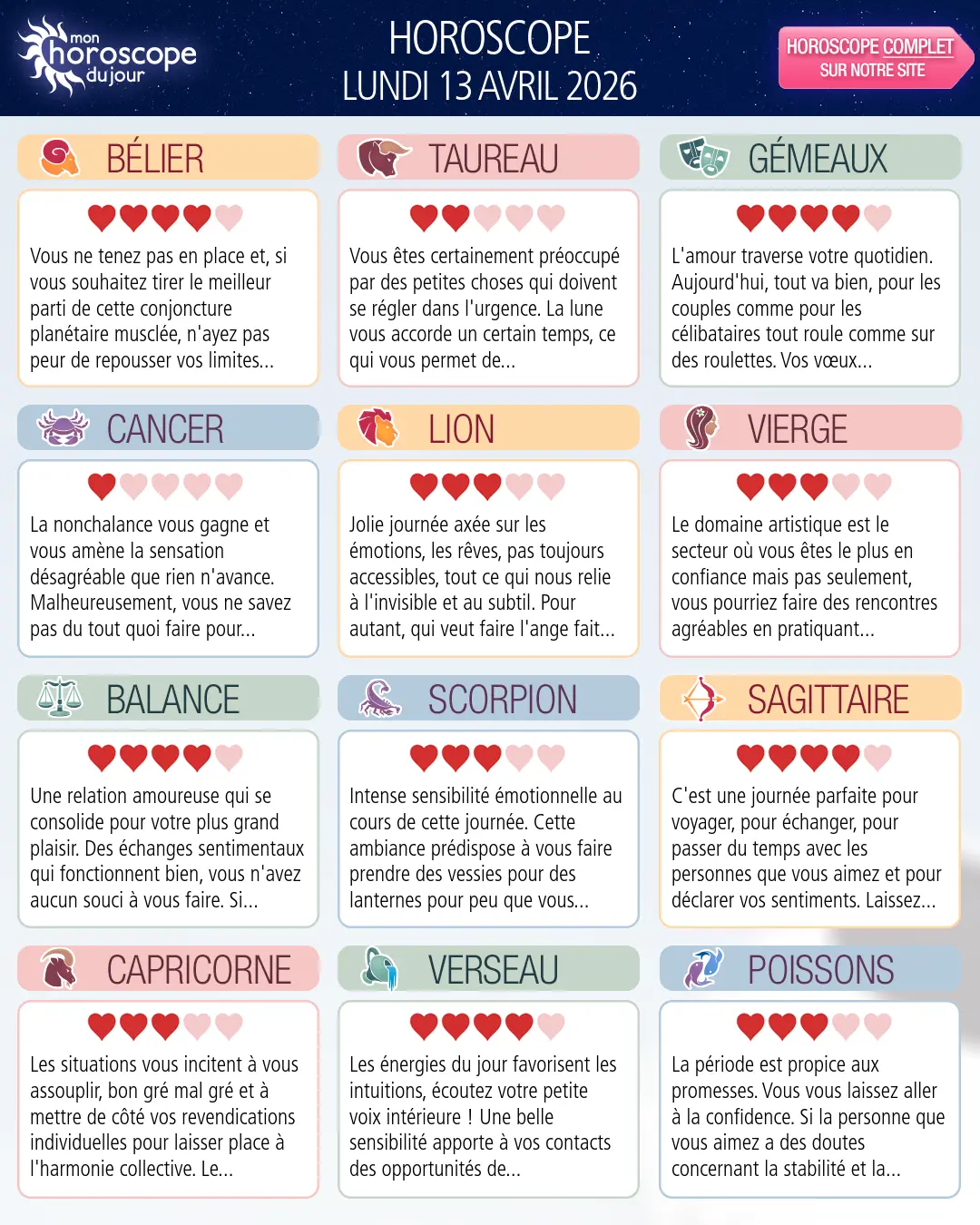 Horoscope du lundi 13 avril 2026