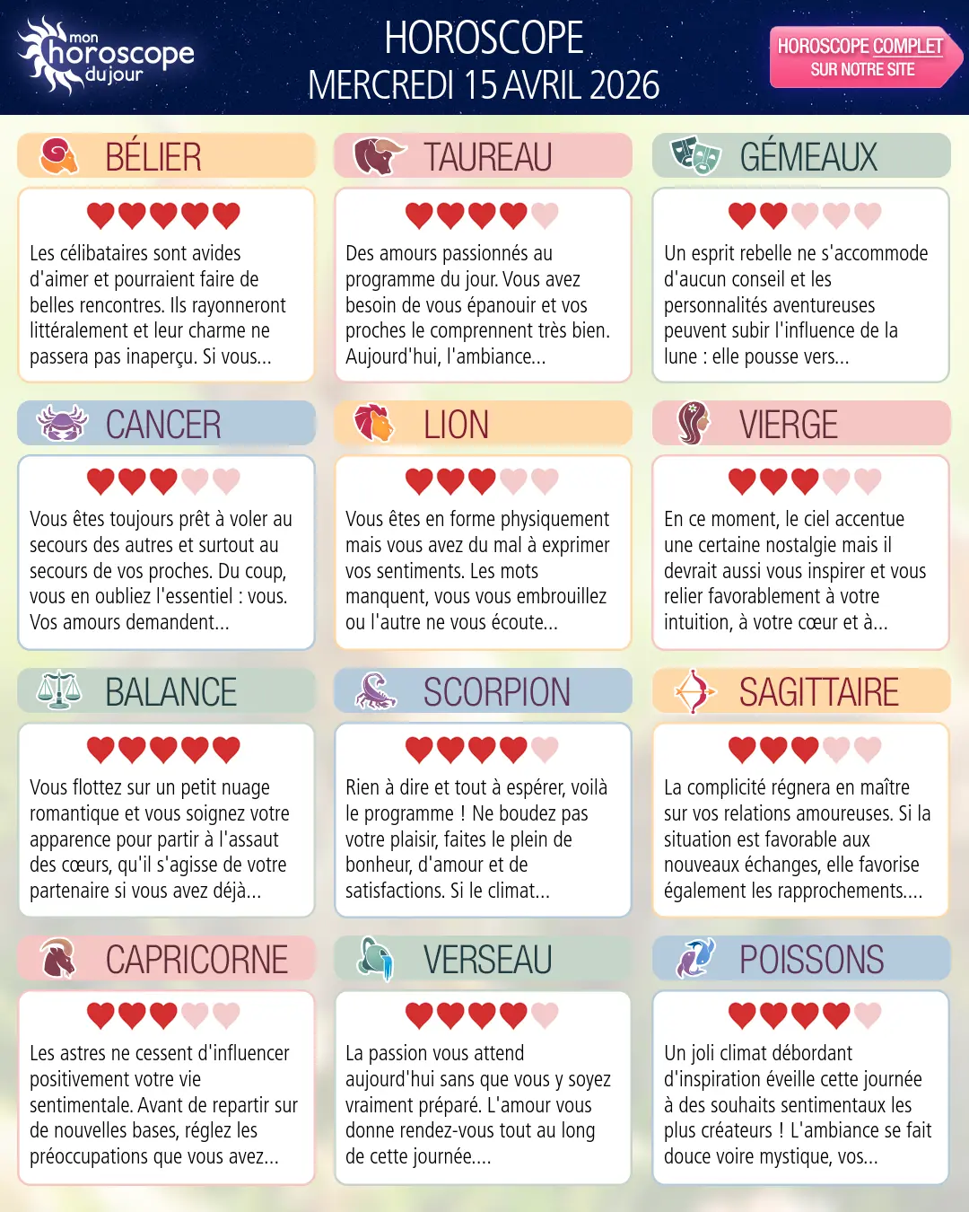 Horoscope du mercredi 15 avril 2026