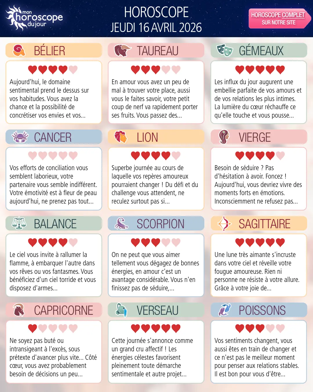 Horoscope du jeudi 16 avril 2026