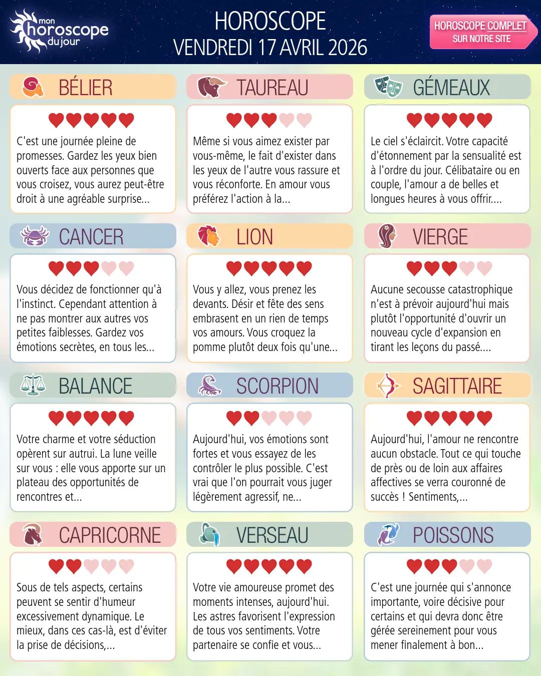 Horoscope du vendredi 17 avril 2026