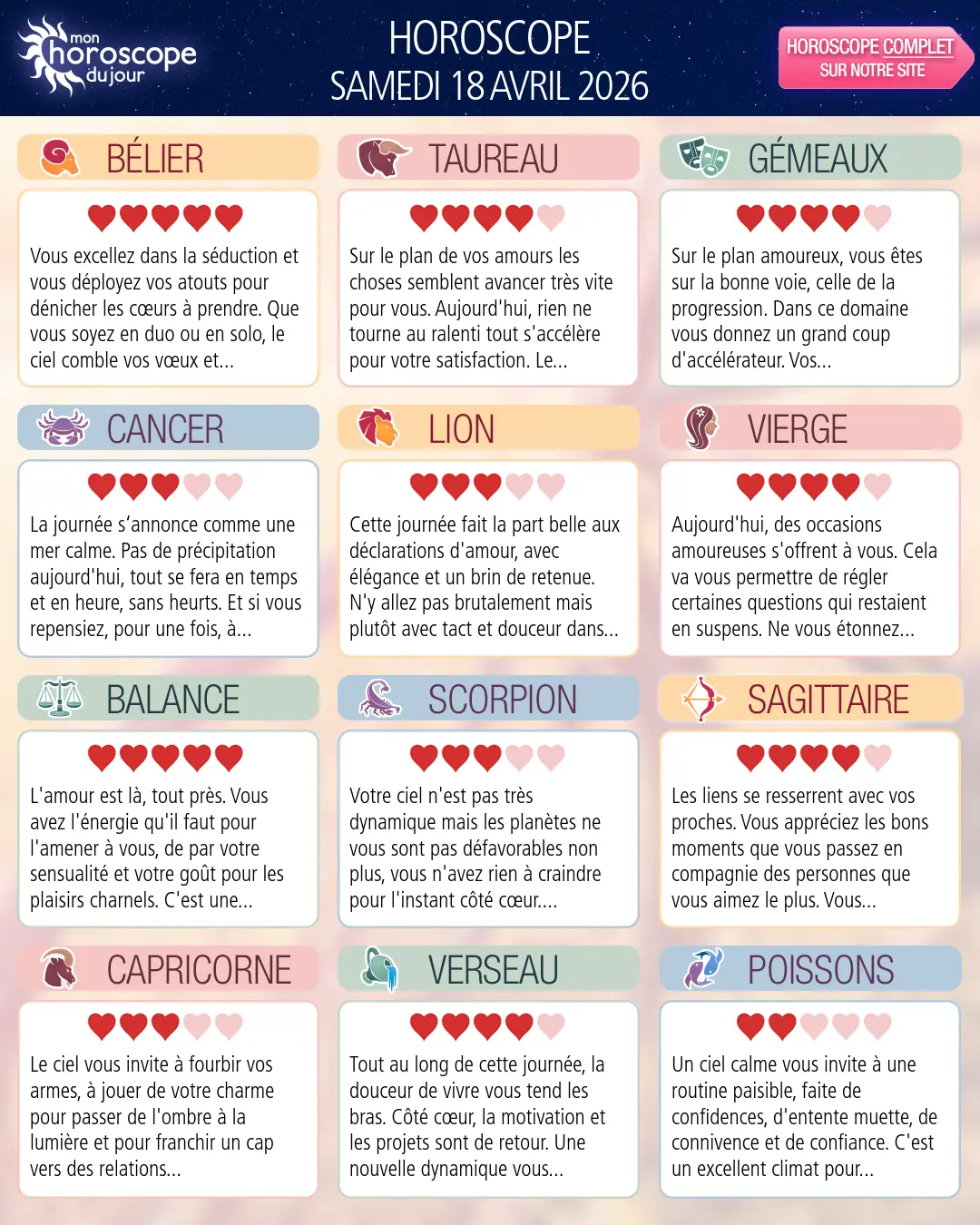 Horoscope du samedi 18 avril 2026