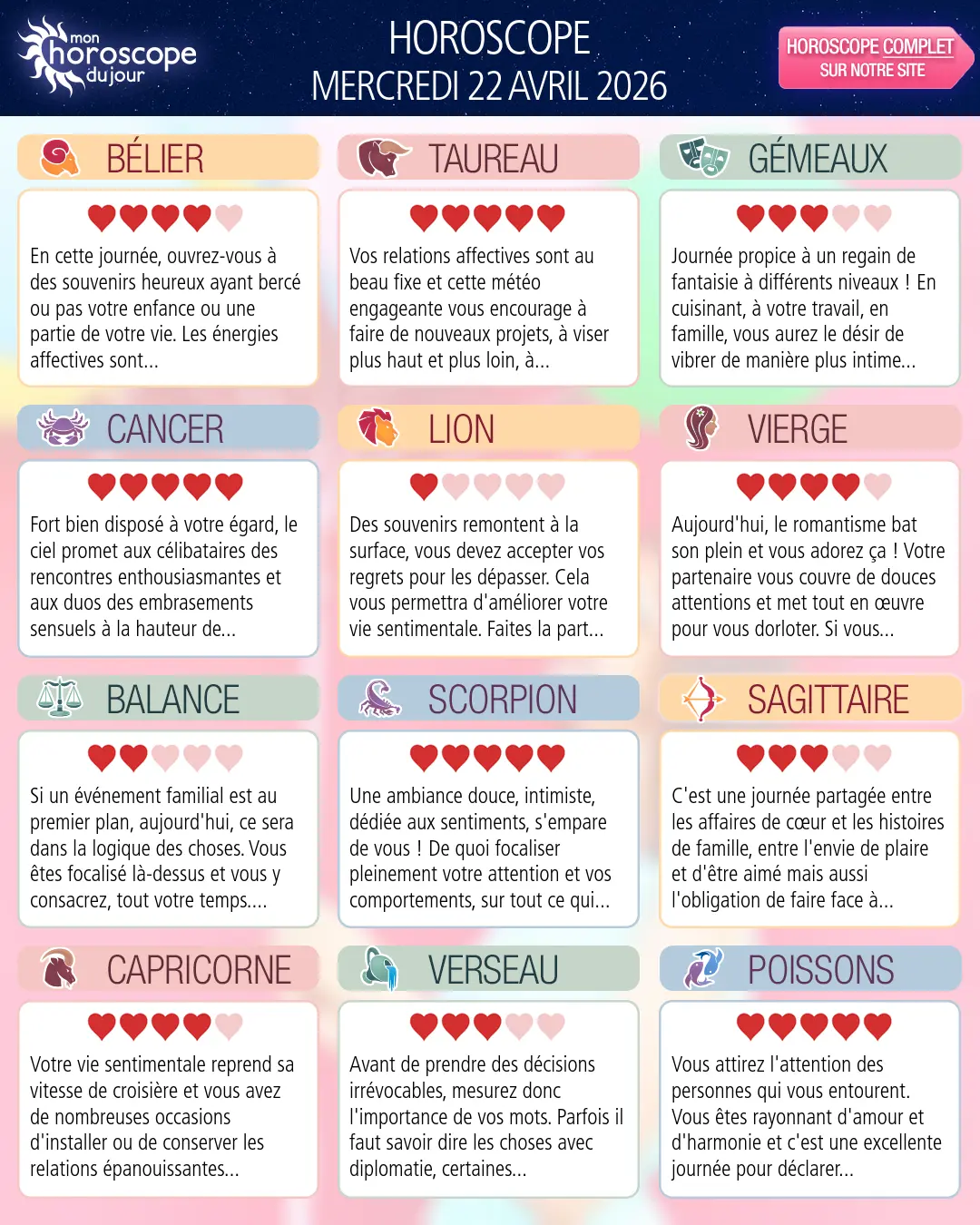 Horoscope du mercredi 22 avril 2026