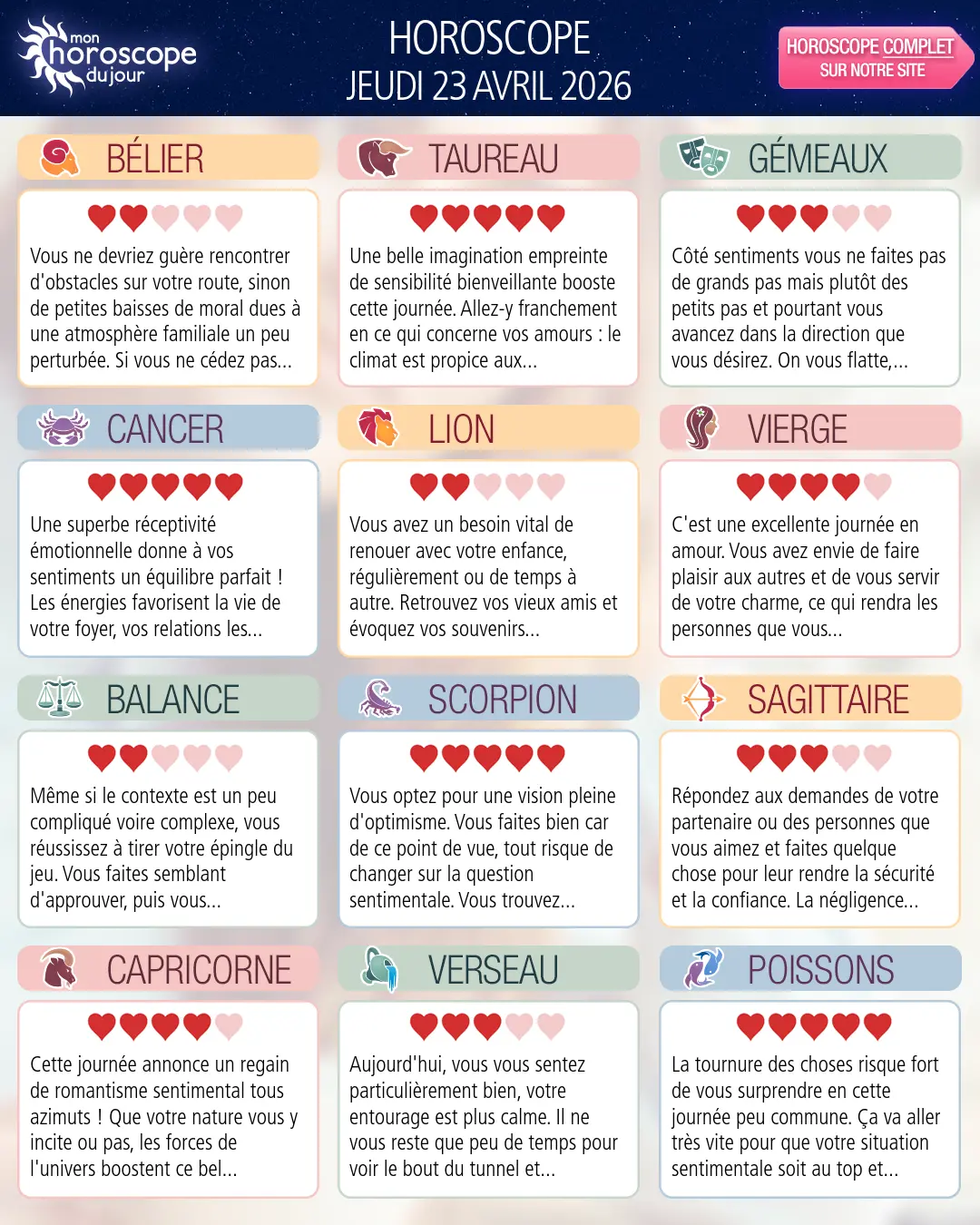 Horoscope du jeudi 23 avril 2026