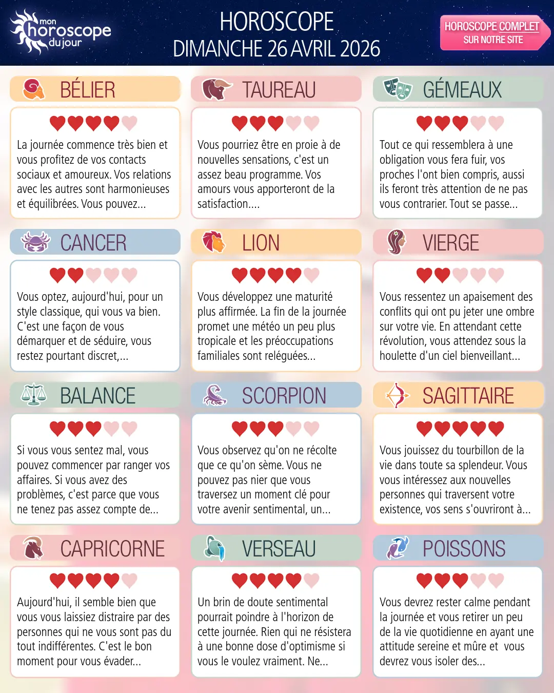 Horoscope du dimanche 26 avril 2026