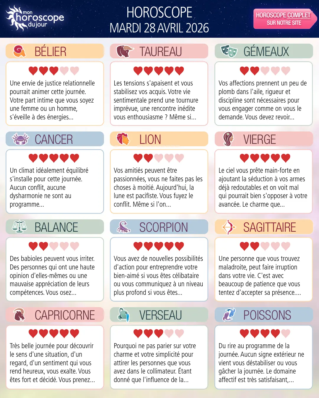 Horoscope du mardi 28 avril 2026