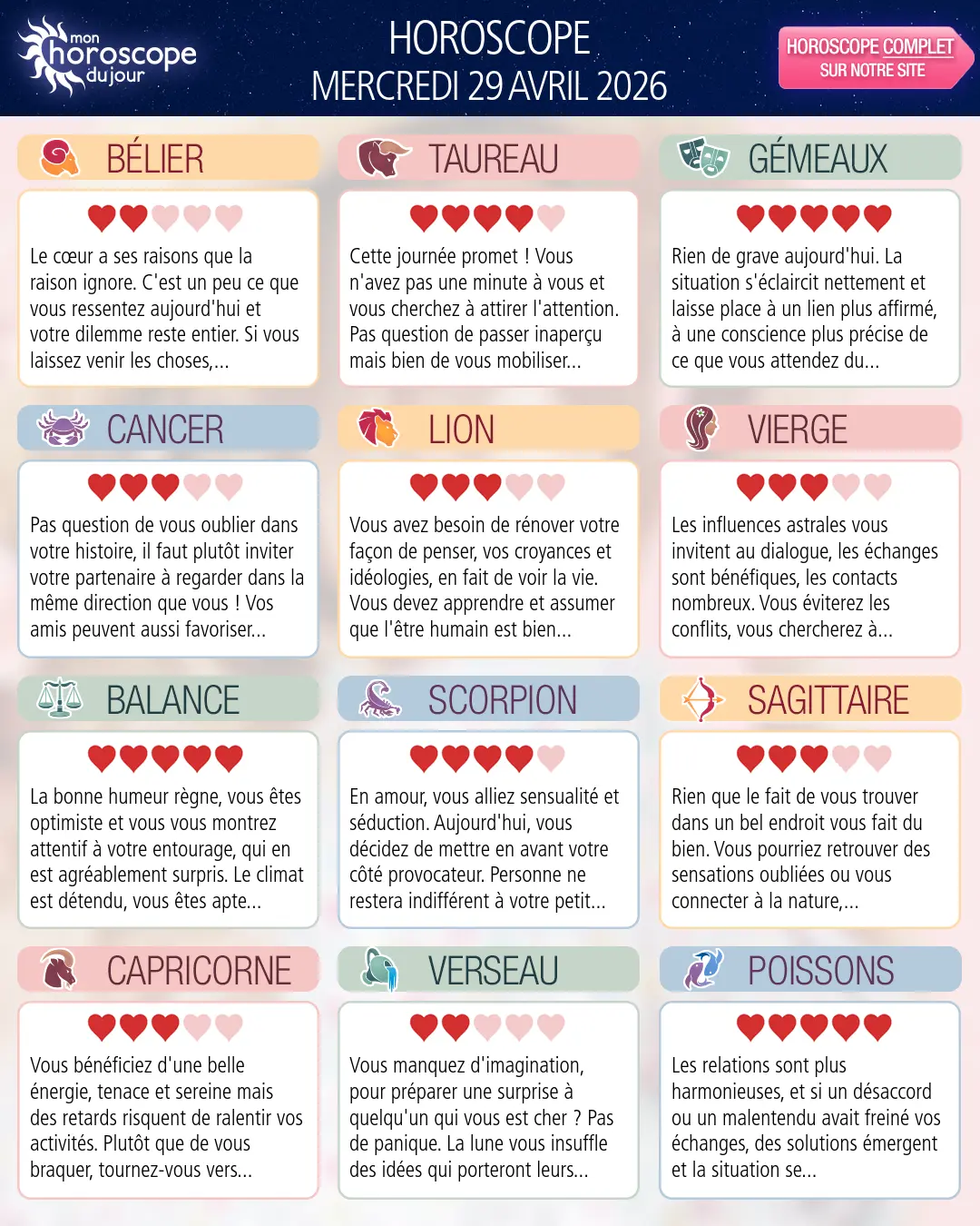 Horoscope du mercredi 29 avril 2026
