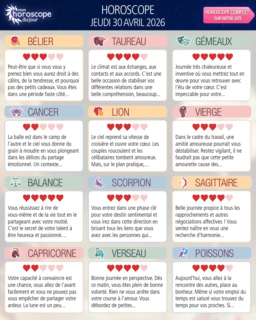 Horoscope du jeudi 30 avril 2026