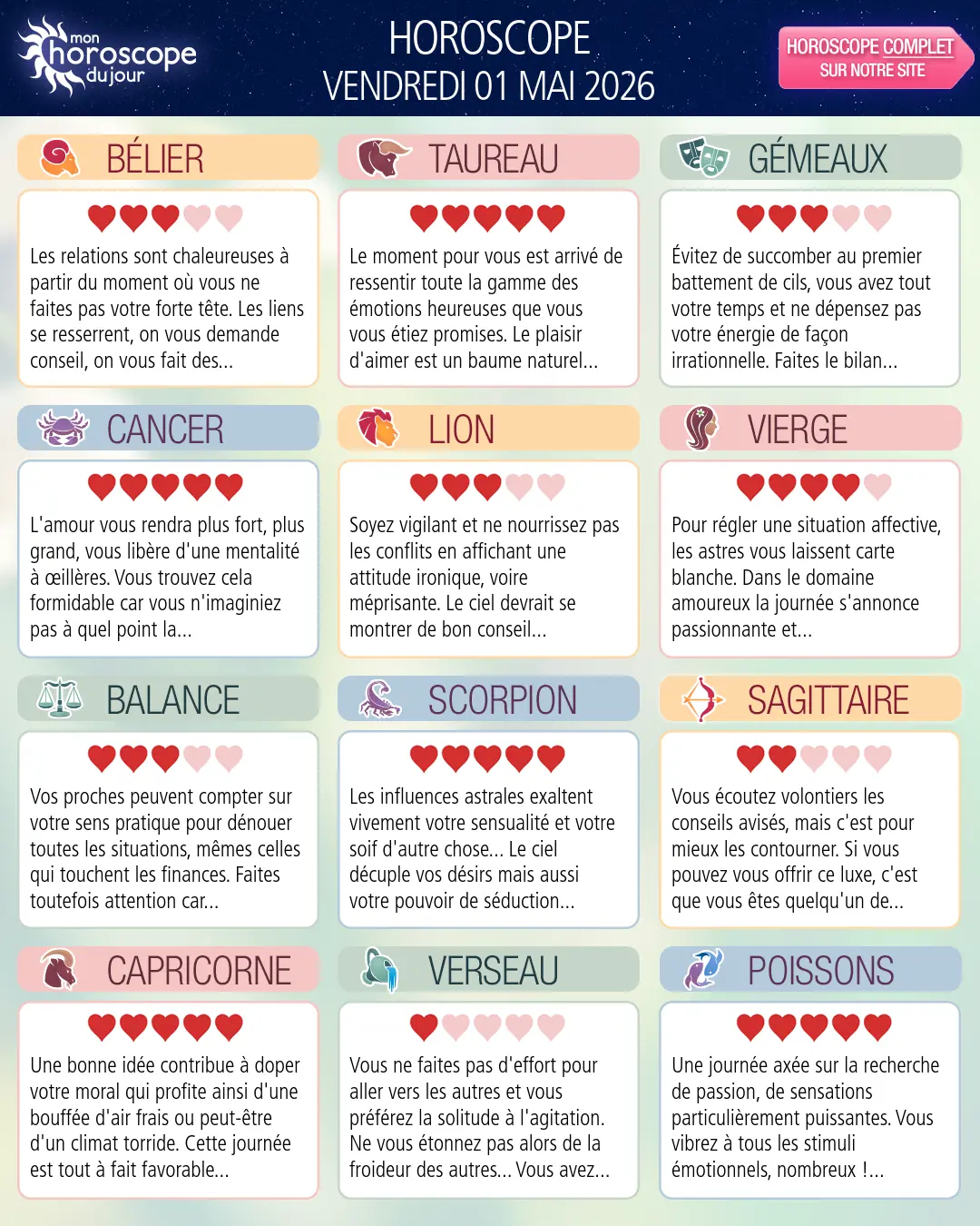 Horoscope du vendredi 1 mai 2026