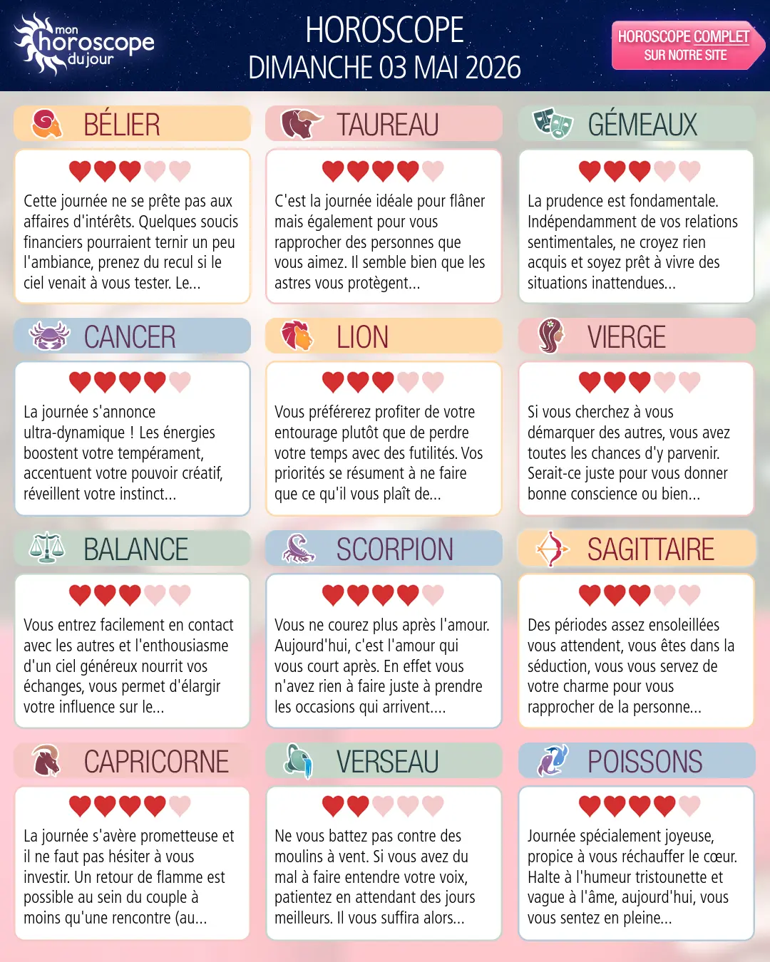 Horoscope du dimanche 3 mai 2026