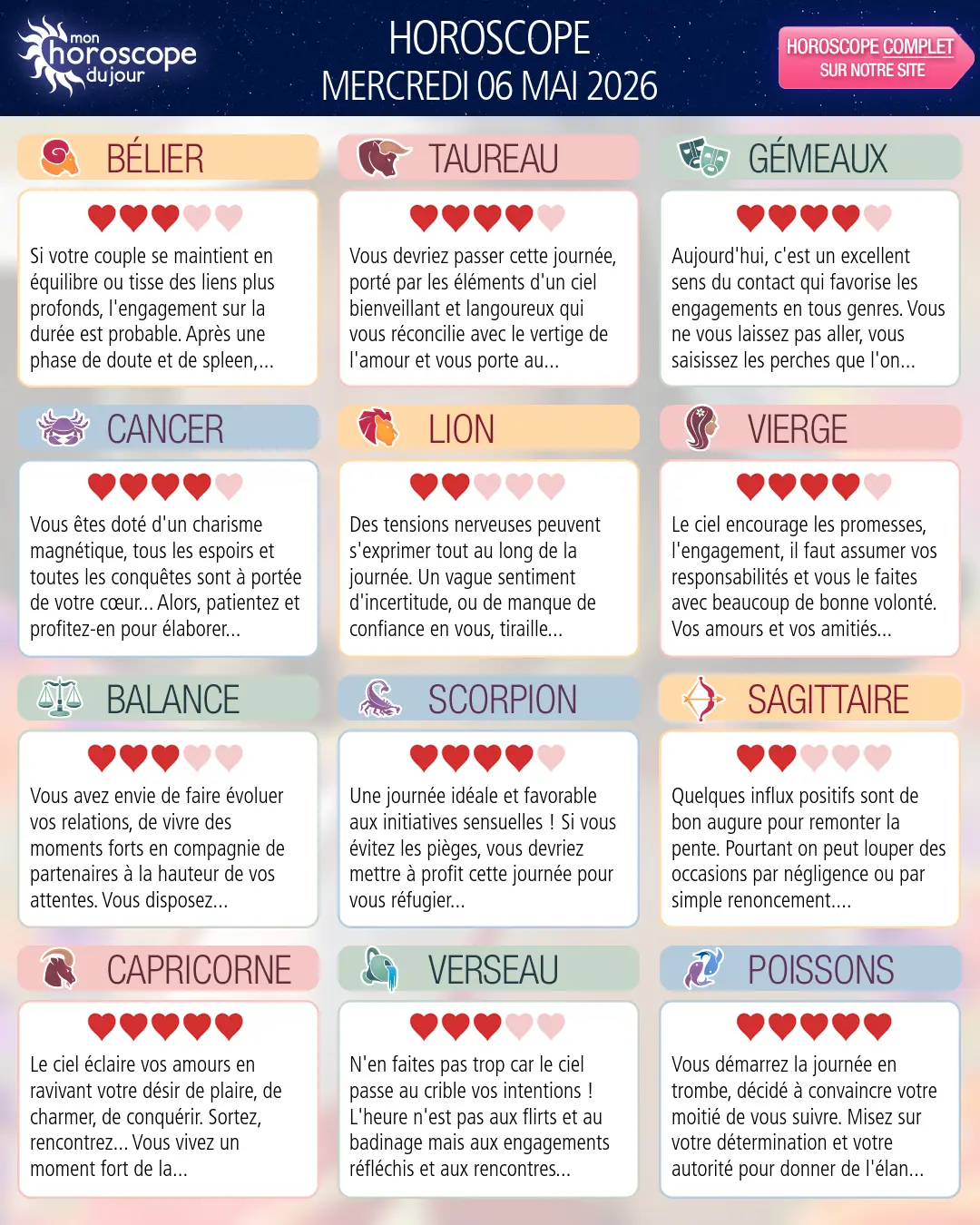 Horoscope du mercredi 6 mai 2026