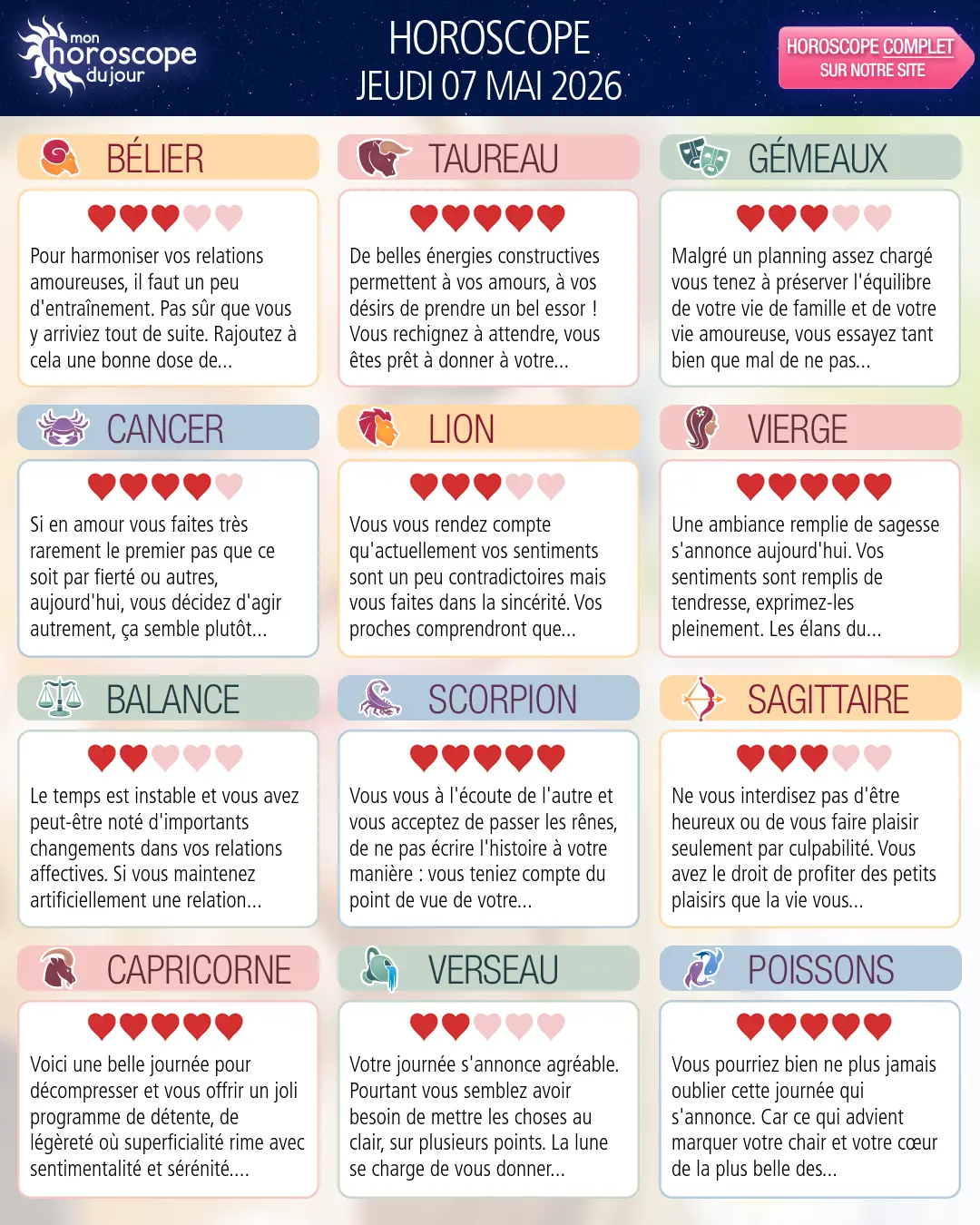 Horoscope du jeudi 7 mai 2026