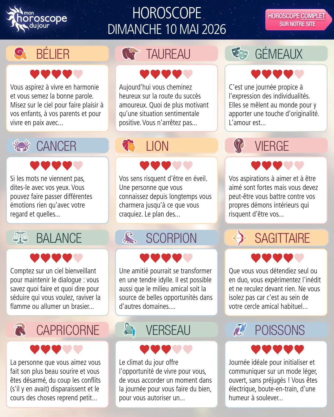 Horoscope du dimanche 10 mai 2026