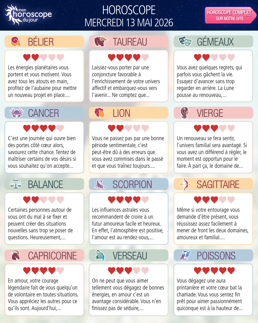 Horoscope du mercredi 13 mai 2026