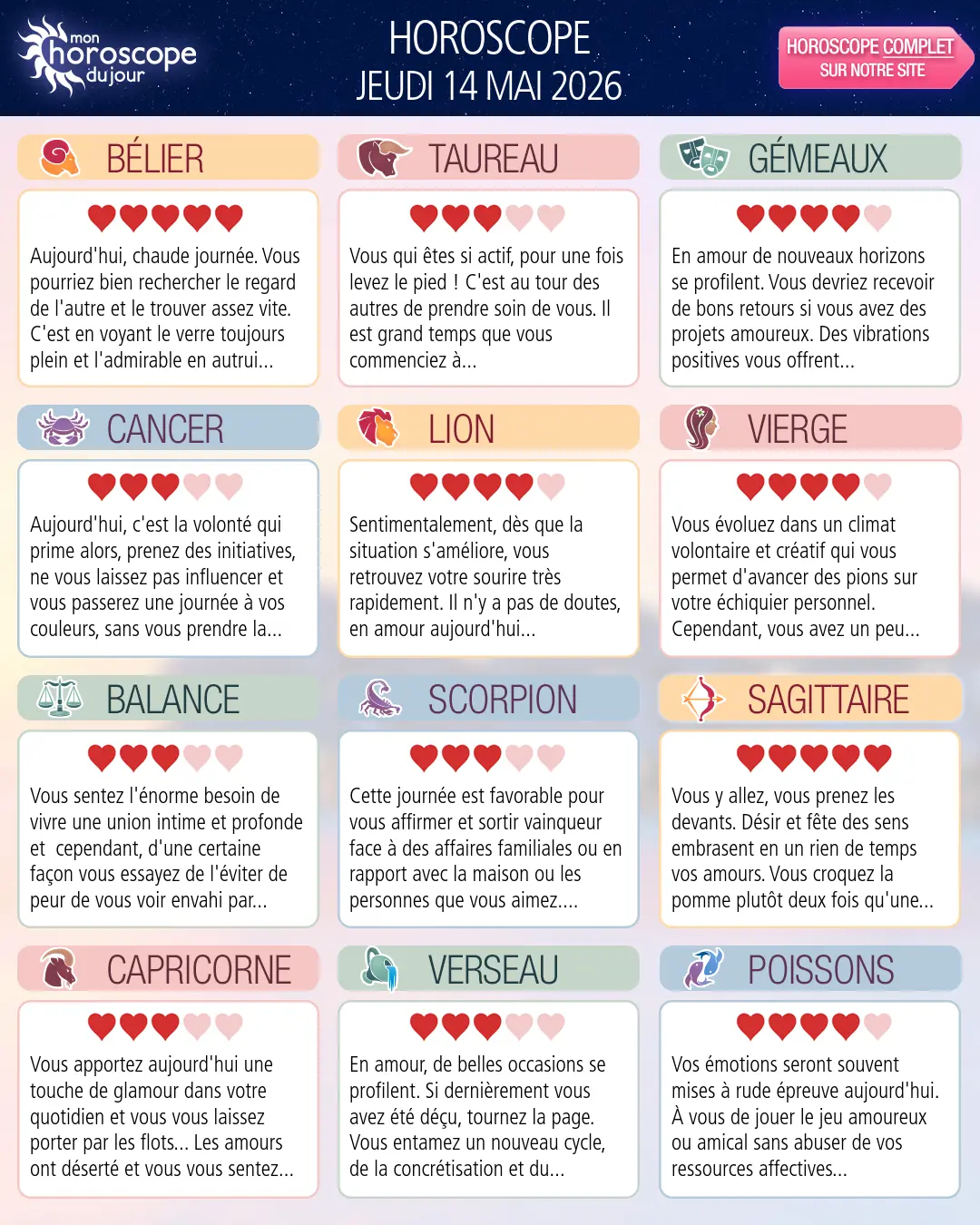 Horoscope du jeudi 14 mai 2026