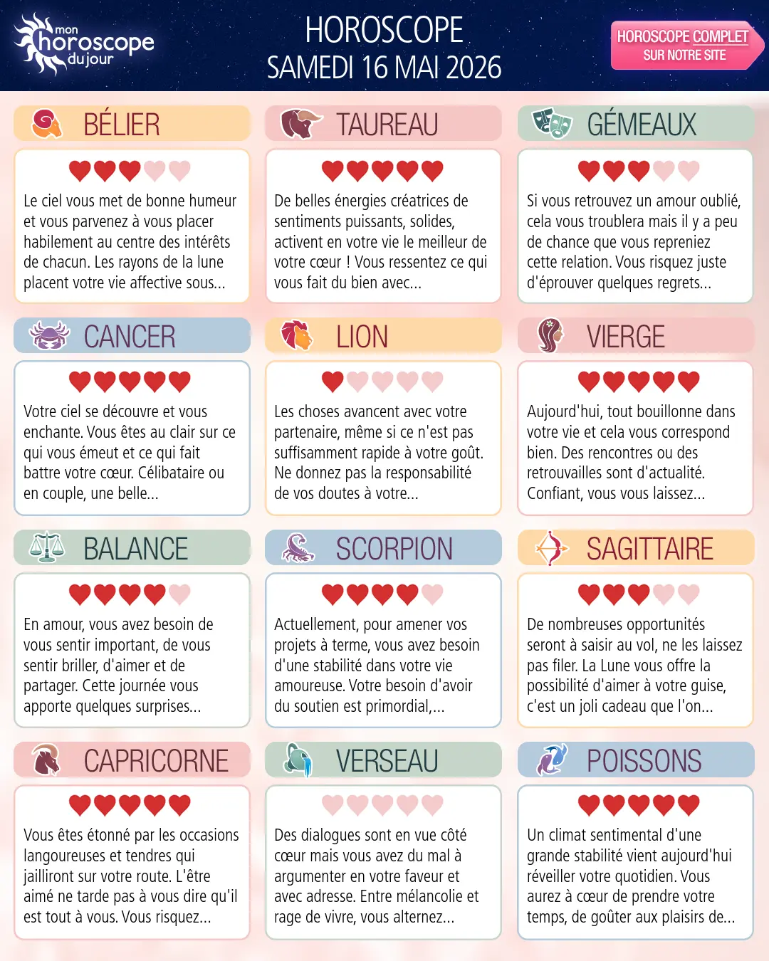 Horoscope du samedi 16 mai 2026