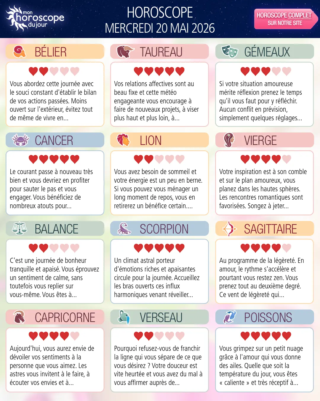 Horoscope du mercredi 20 mai 2026