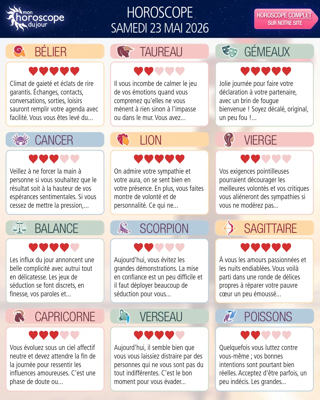 Horoscope du samedi 23 mai 2026