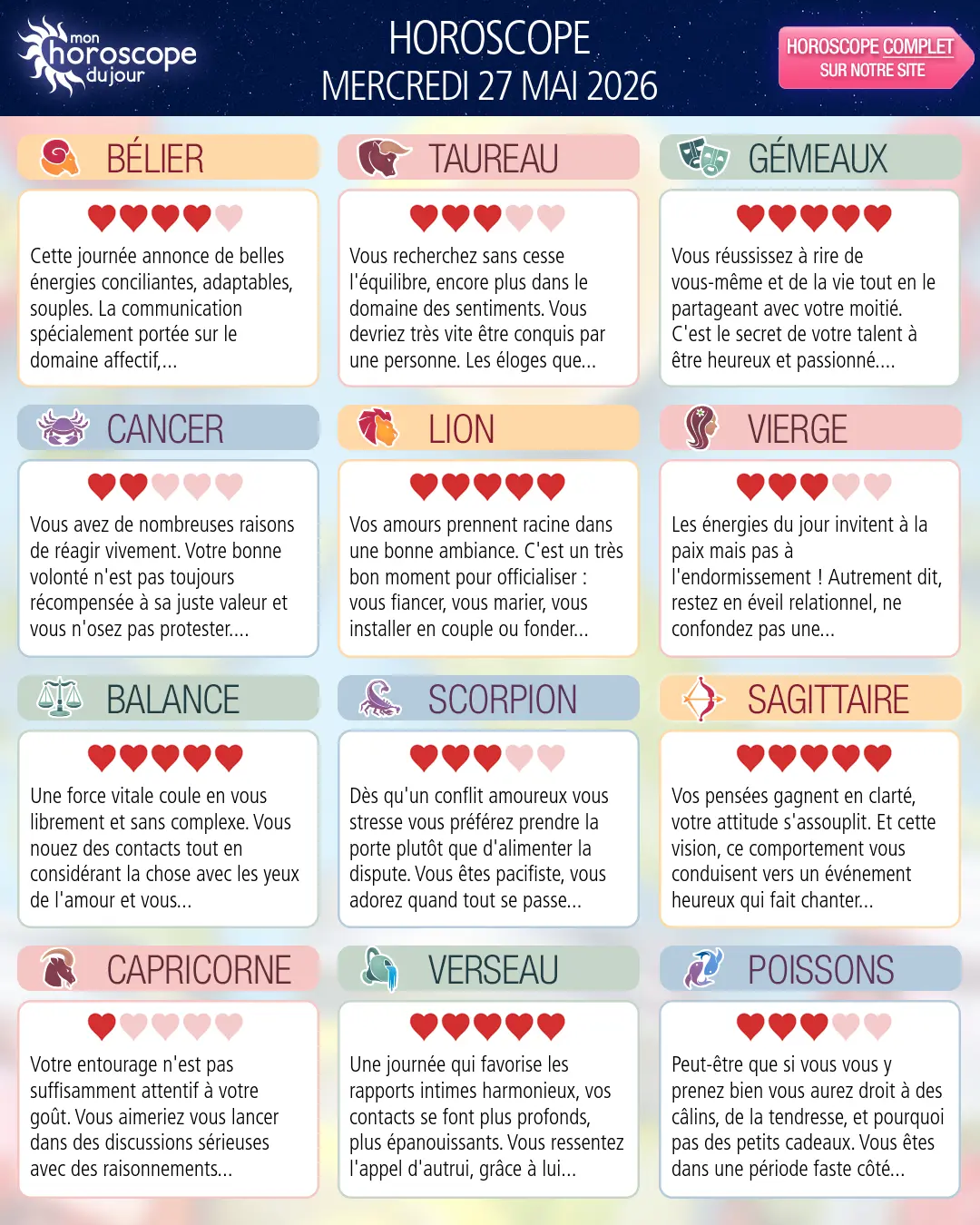 Horoscope du mercredi 27 mai 2026