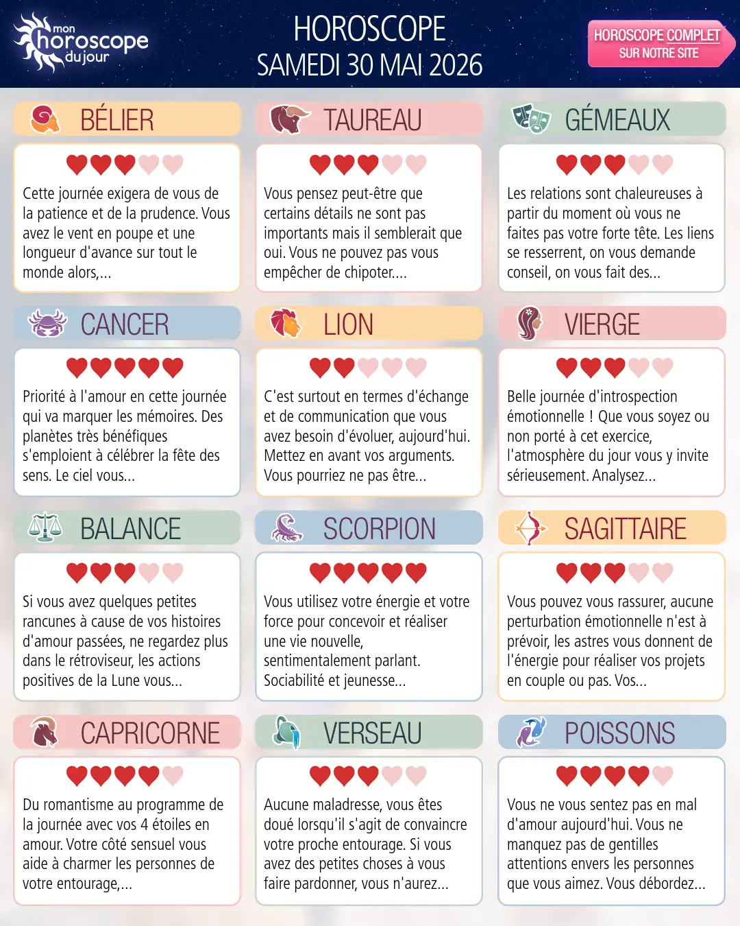 Horoscope du samedi 30 mai 2026