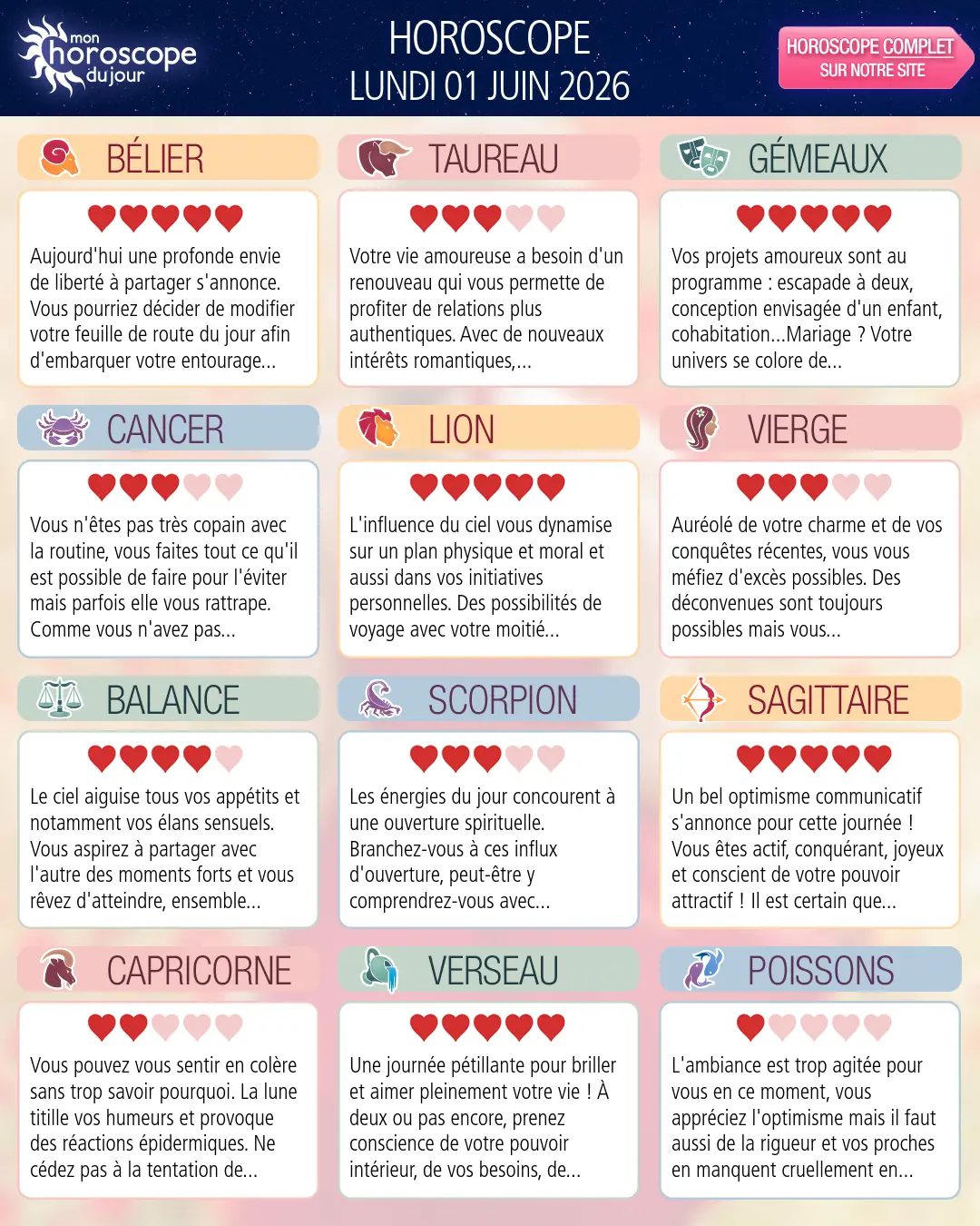 Horoscope du lundi 1 juin 2026
