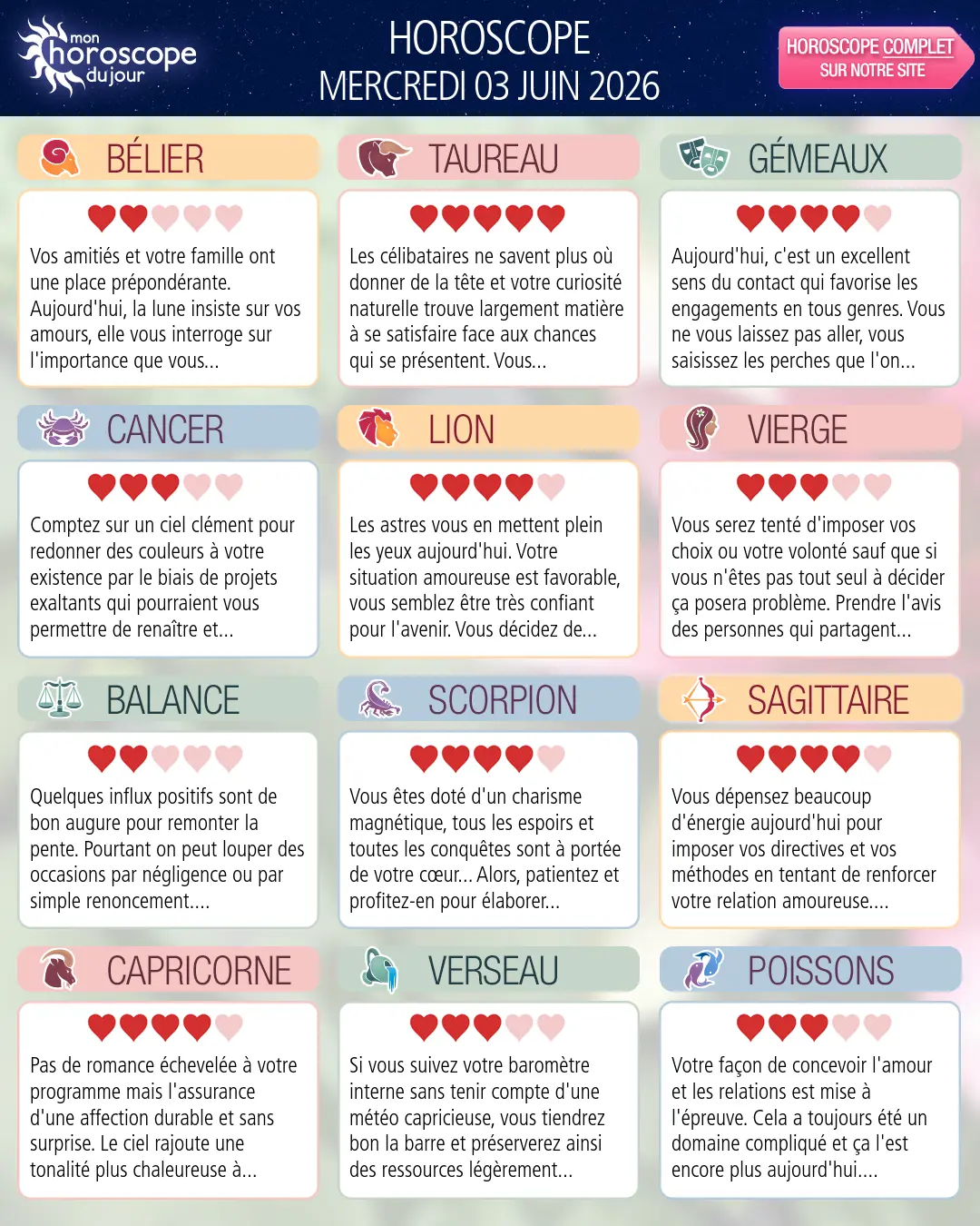 Horoscope du mercredi 3 juin 2026