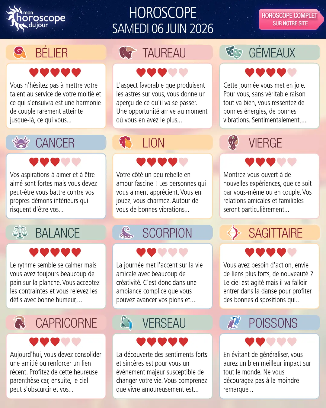 Horoscope du samedi 6 juin 2026