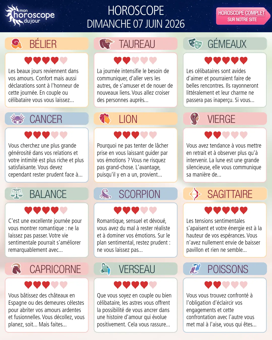 Horoscope du dimanche 7 juin 2026