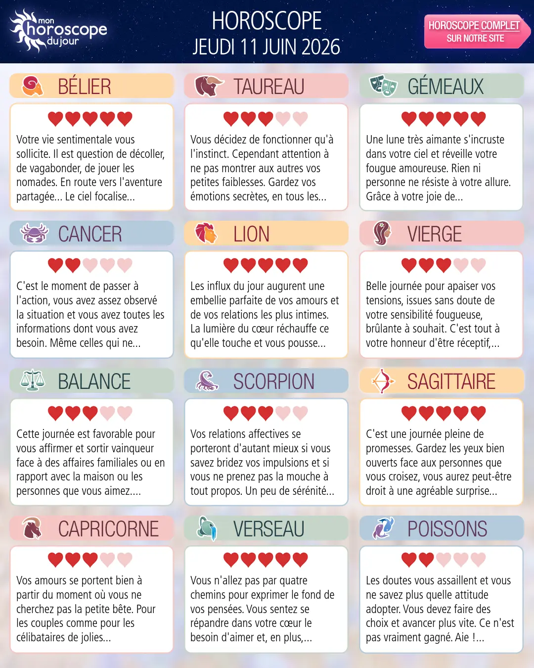 Horoscope du jeudi 11 juin 2026
