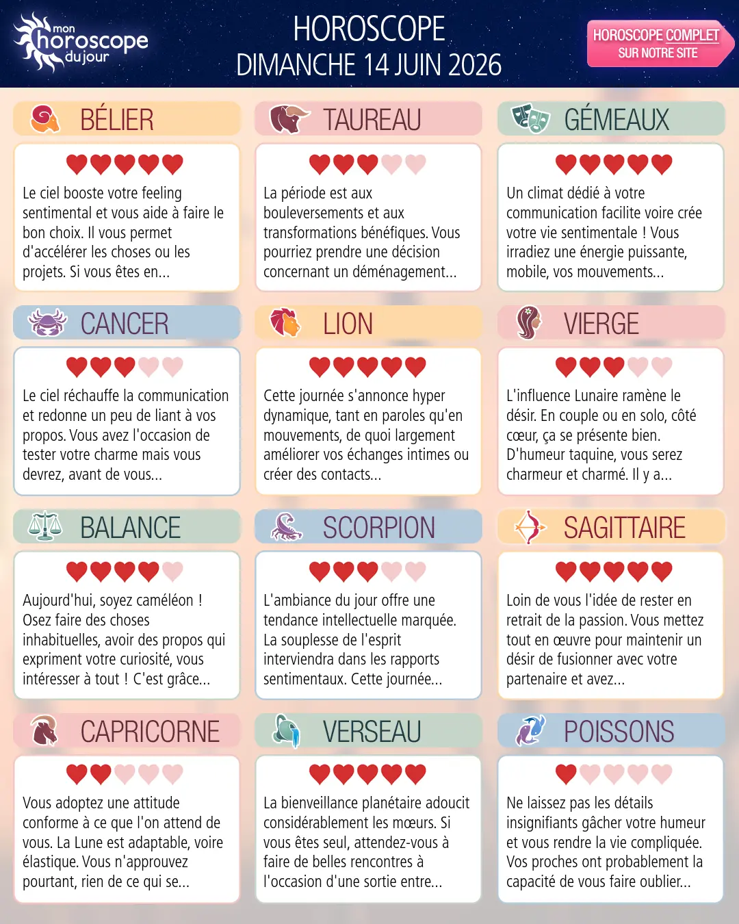 Horoscope du dimanche 14 juin 2026
