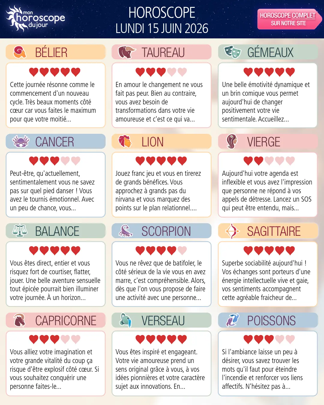 Horoscope du lundi 15 juin 2026