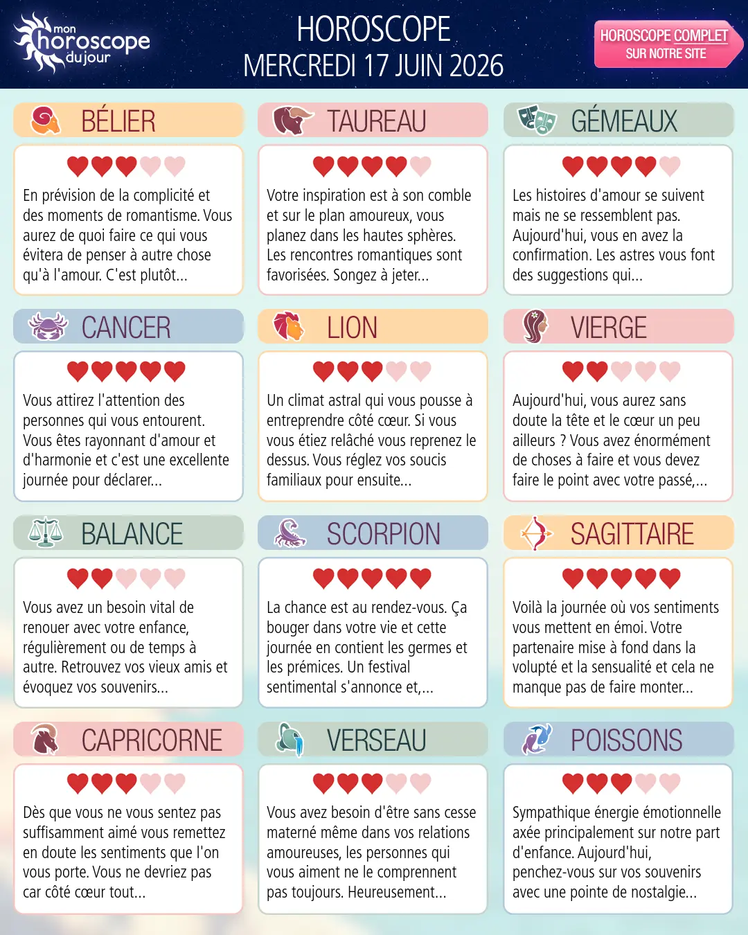 Horoscope du mercredi 17 juin 2026