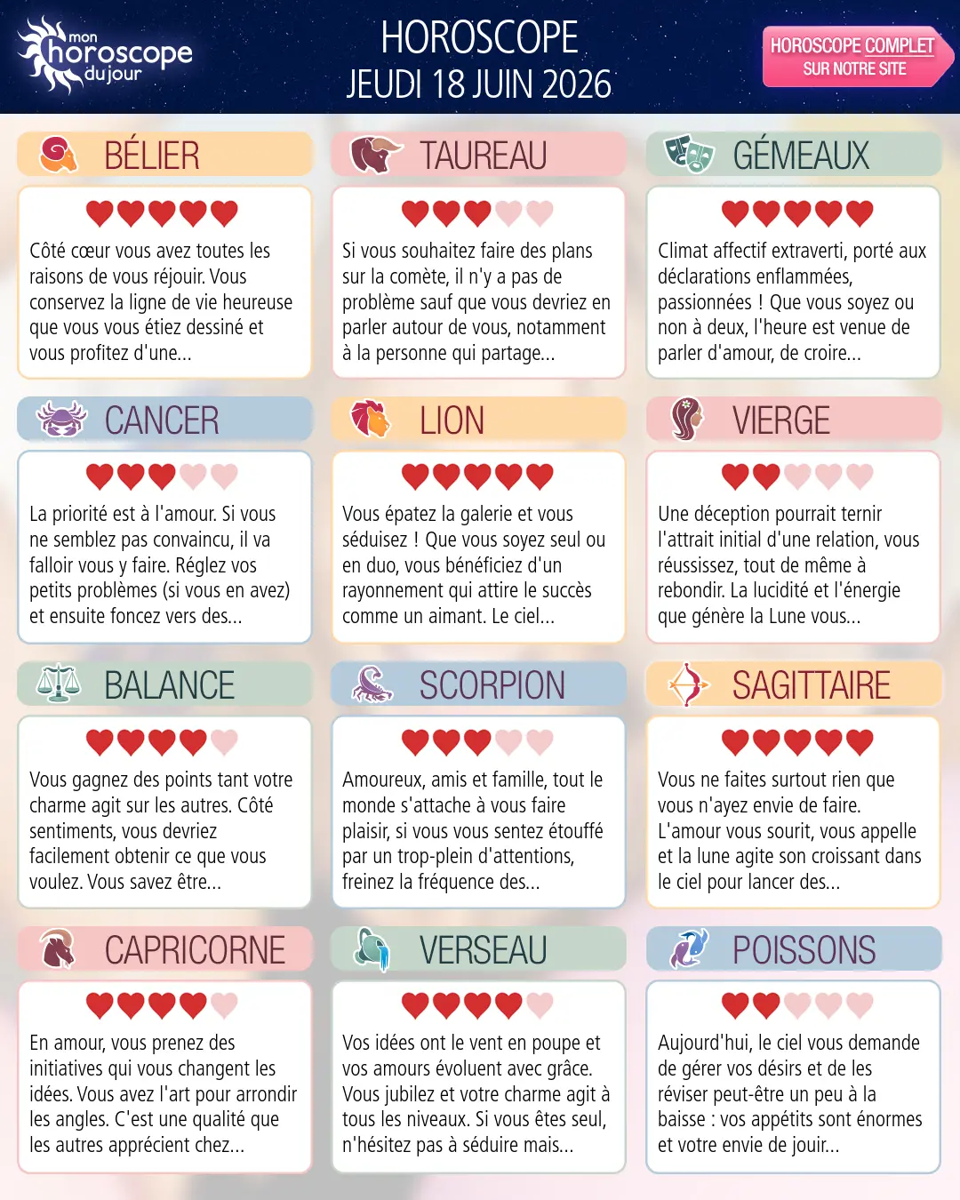 Horoscope du jeudi 18 juin 2026