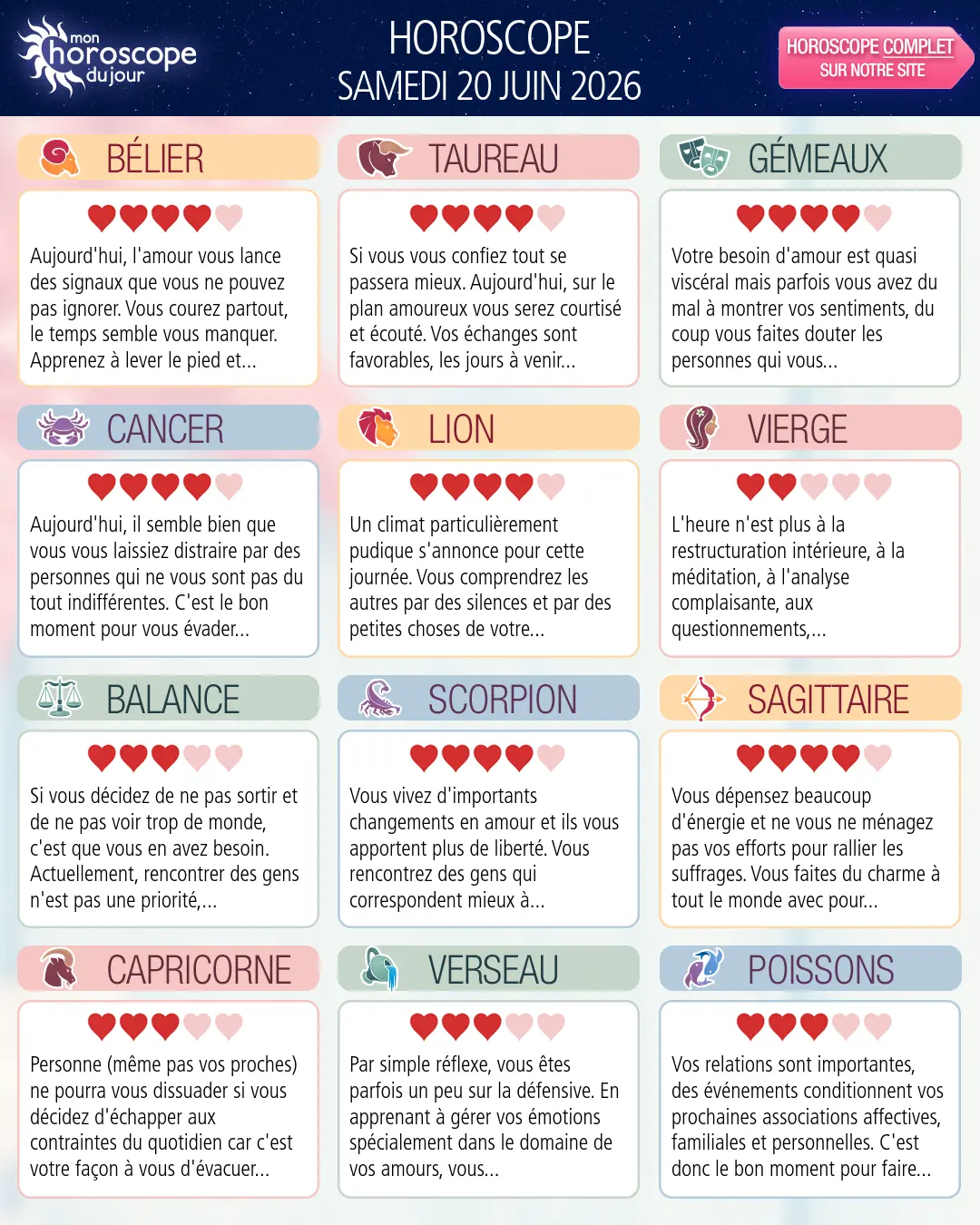 Horoscope du samedi 20 juin 2026