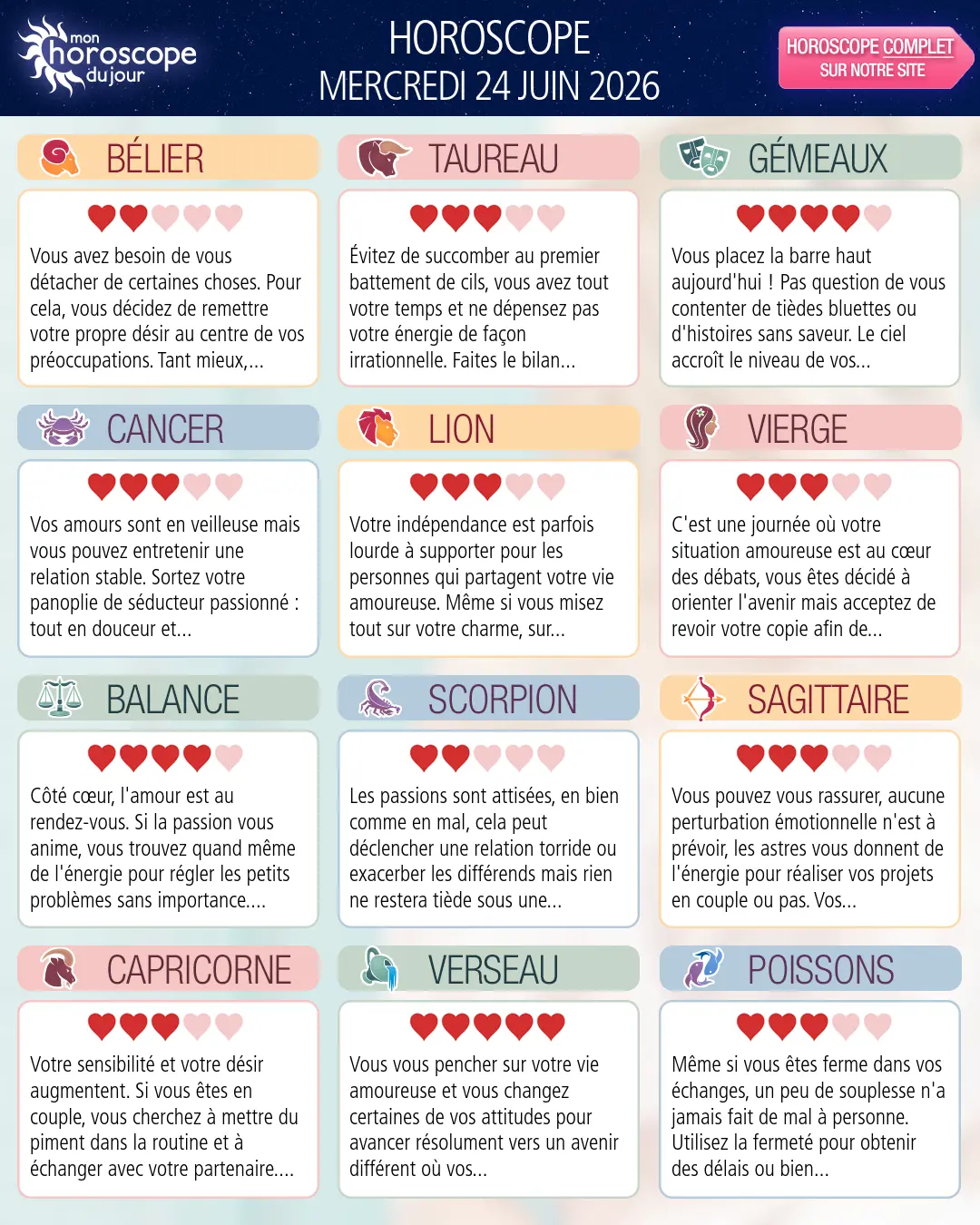 Horoscope du mercredi 24 juin 2026