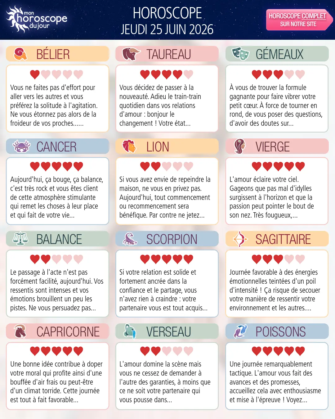 Horoscope du jeudi 25 juin 2026