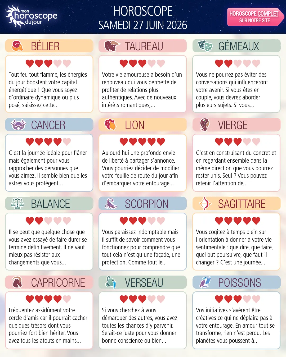 Horoscope du samedi 27 juin 2026