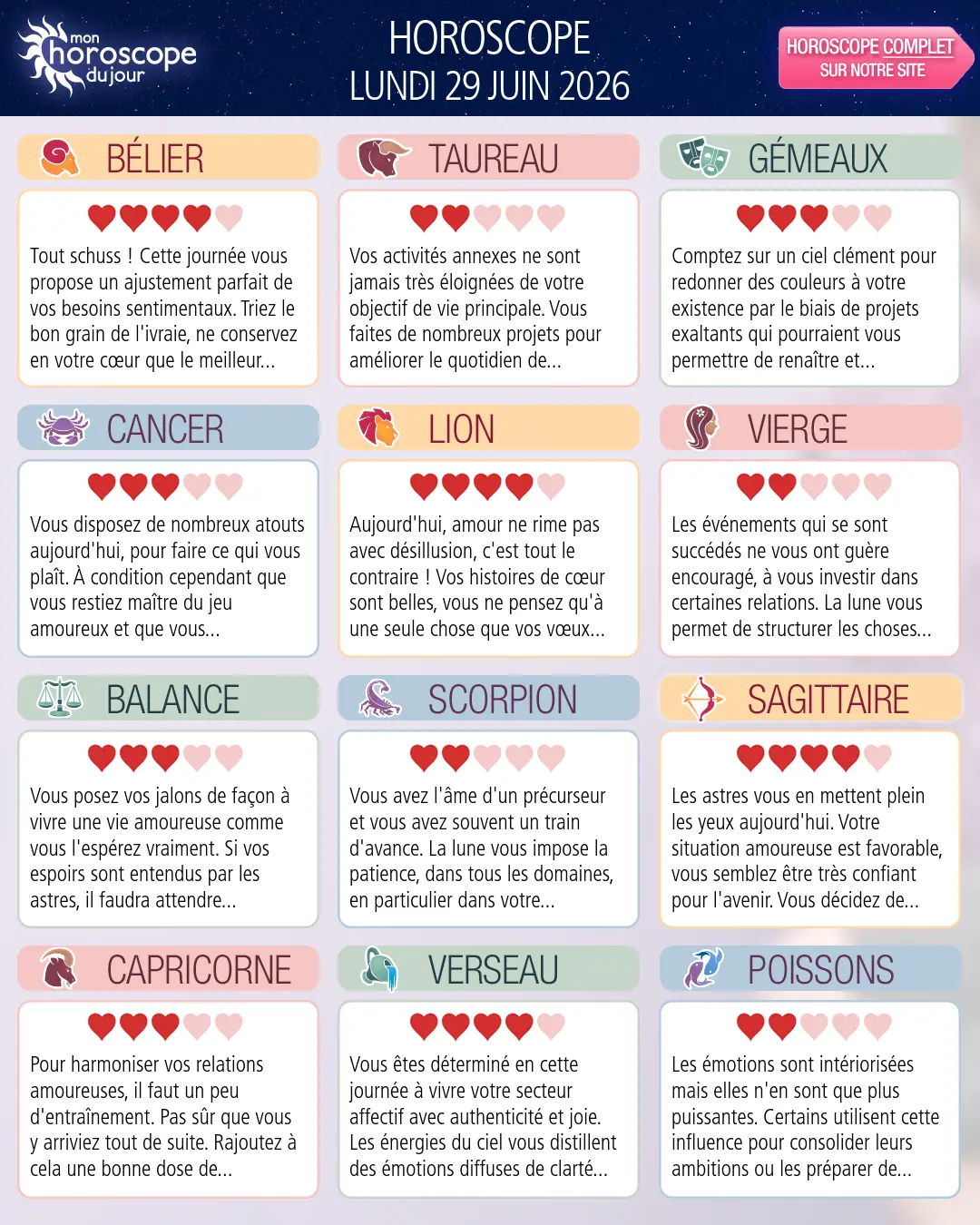 Horoscope du lundi 29 juin 2026