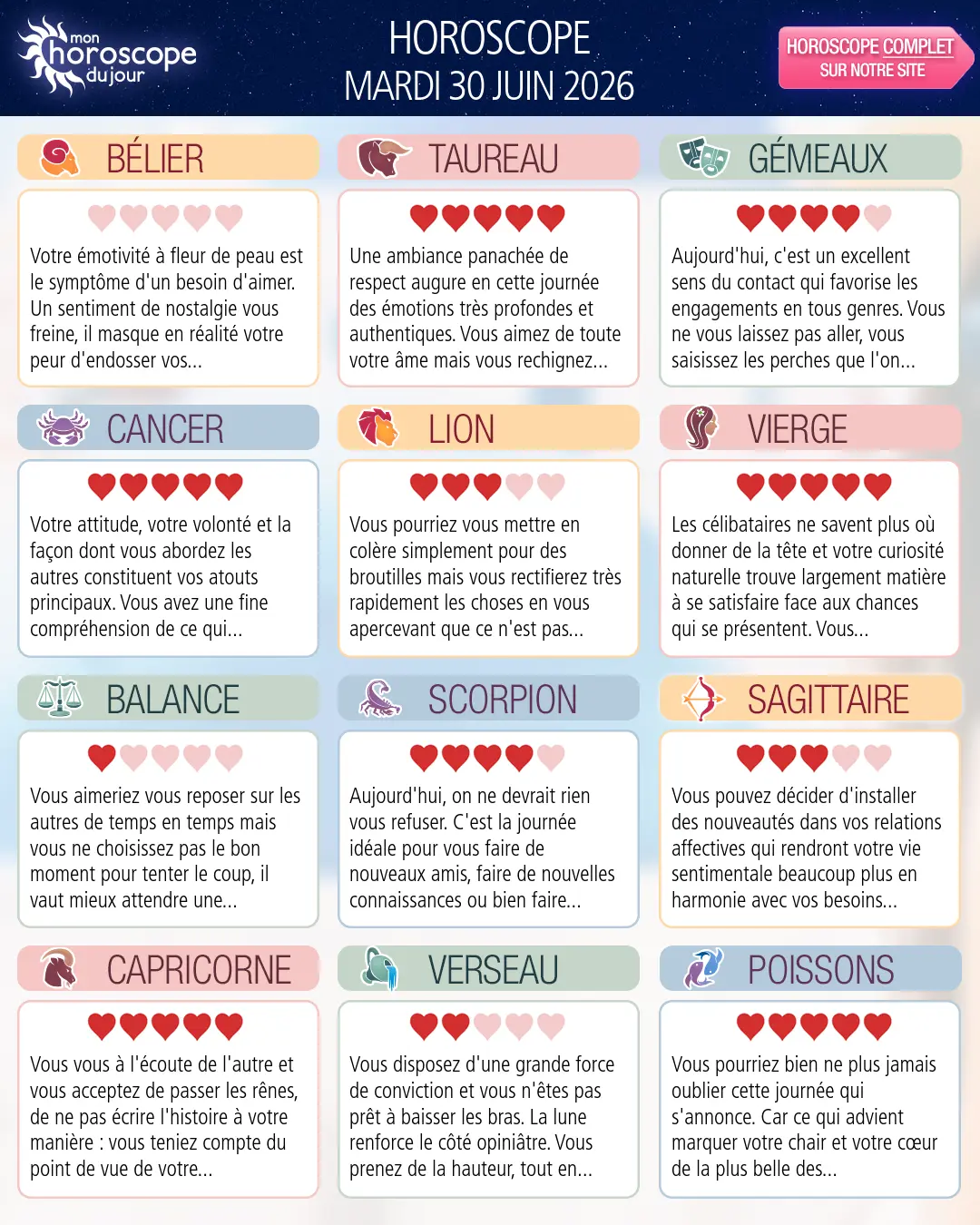 Horoscope du mardi 30 juin 2026